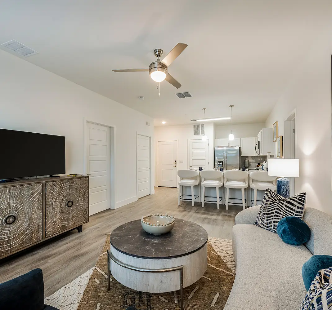 Furnished apartment living room and kitchen